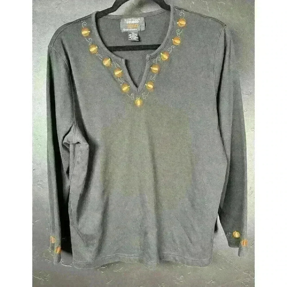 Designers Originals Womens Black Shirt Size XL Embroidered Pumpkins Cotton Blend - Picture 1 of 6